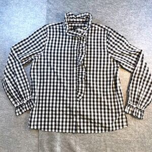 J.Crew Women Gingham Ruffle Collar Shirt Black White Preppy 8 Button Down Cotton